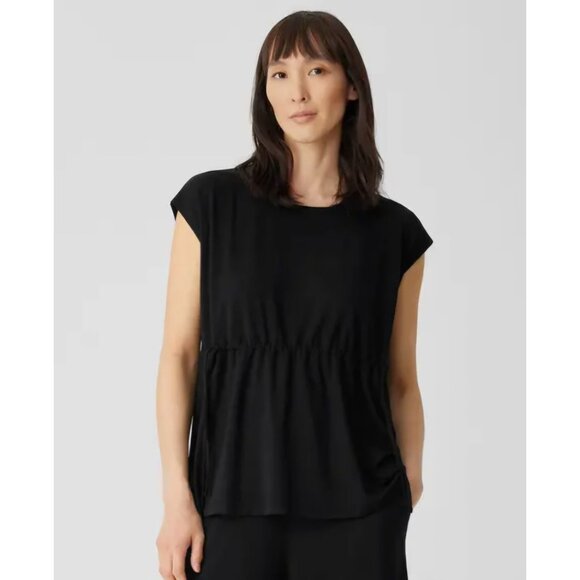 Eileen Fisher Black Jewel Neck Drawstring Waist Top Shirt Black Size Medium NEW - Picture 1 of 2